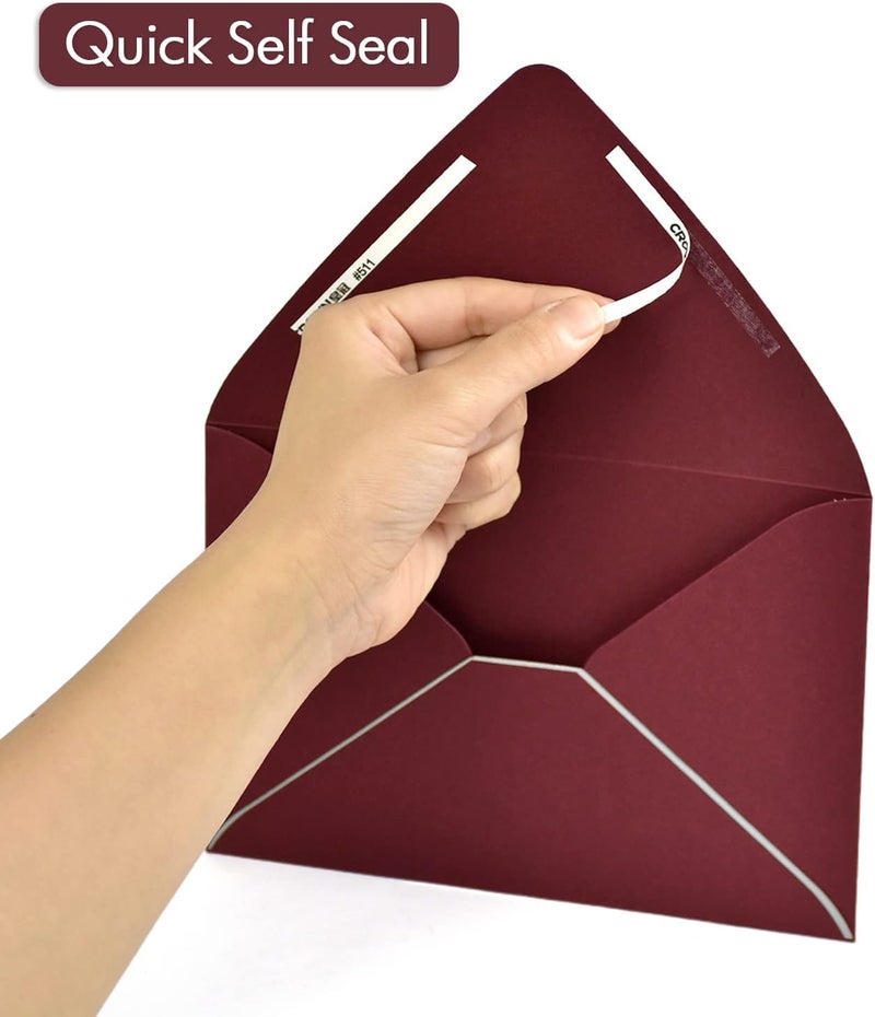 AZAZA A7 Burgundy Envelopes 5 x 7 With Silver Border - V flap, Quick Self Seal, | Perfect for 5x7 Cards, Weddings, Invitations, Graduation, Baby Shower | 5.25" x 7.25" | 50 Pack (Burgundy-Silver Border) - Image 4